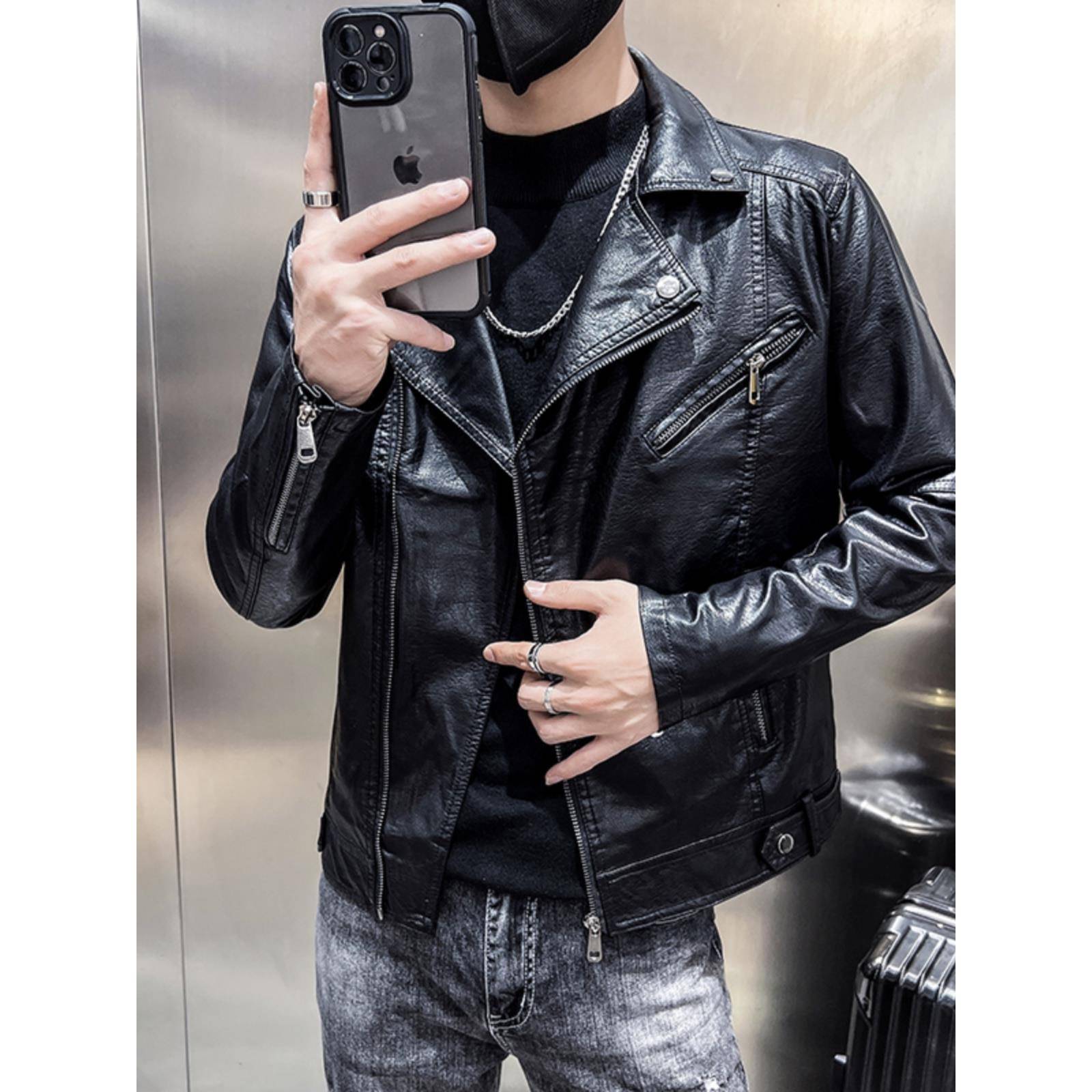 香港西装领皮衣外套男春秋款韩版潮流修身帅气机车男士真皮夹克潮