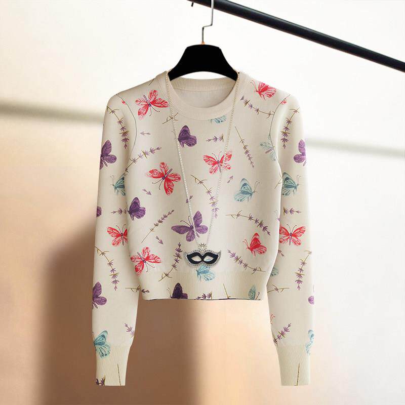 潮牌洋气蝴蝶印花针织衫女2025春秋冬季内搭打底显瘦保暖上衣毛衣