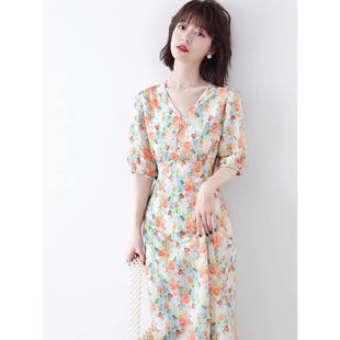 新款 欧洲站2024夏季 碎花惊艳有女人味过膝长裙气质名媛轻奢连衣裙