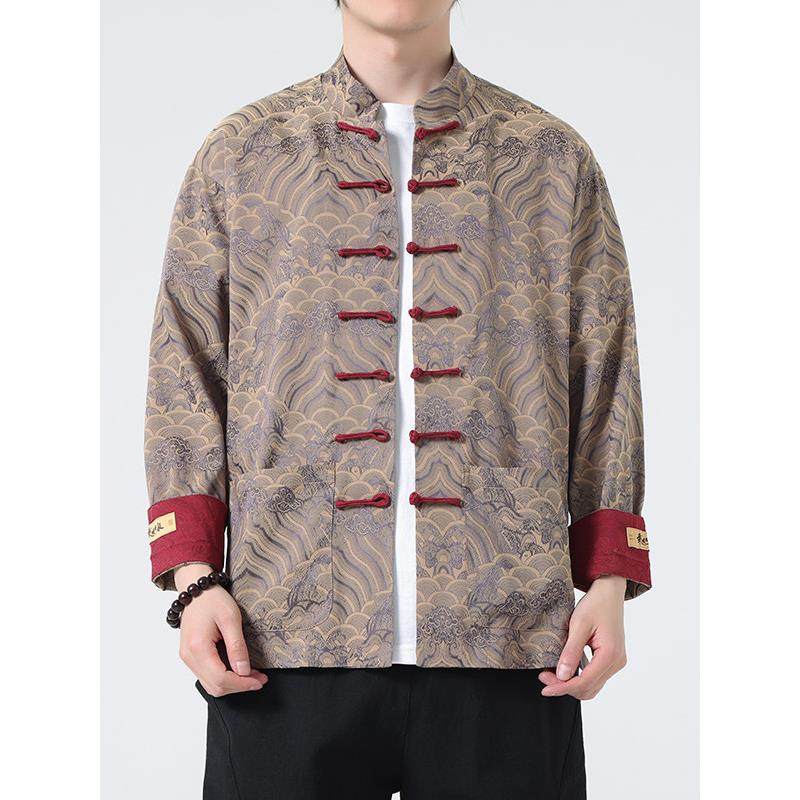 TWG高品质水波纹提花唐装衬衫中式圆领盘扣中山装长袖民族风外套,男装,唐装,淘宝优惠券,粉丝福利购,淘宝优惠卷