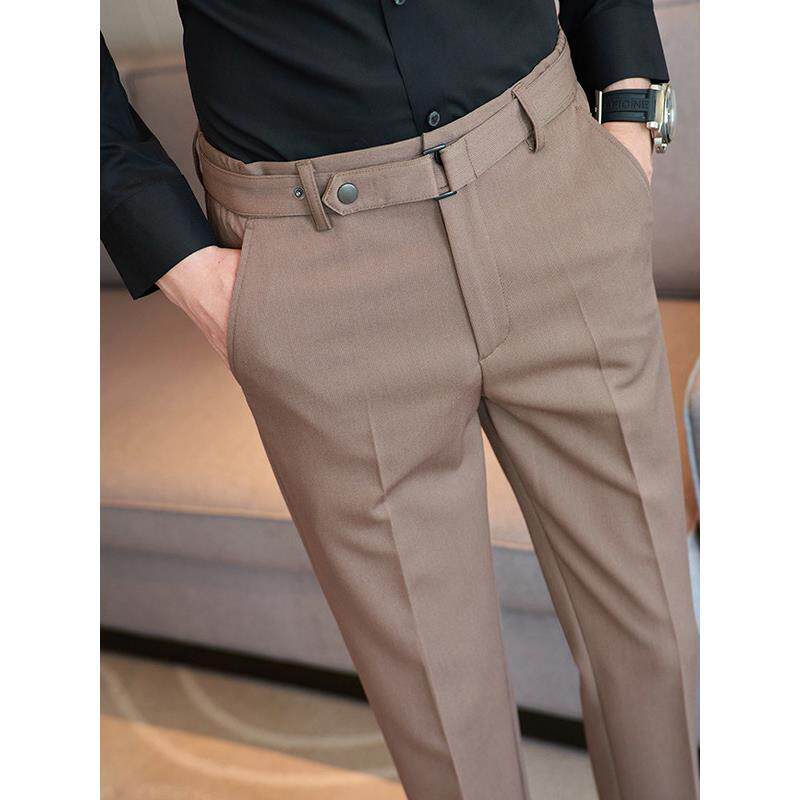 高端轻奢裤子男款高级感商务休闲西裤修身小脚可调节收腰西装长裤