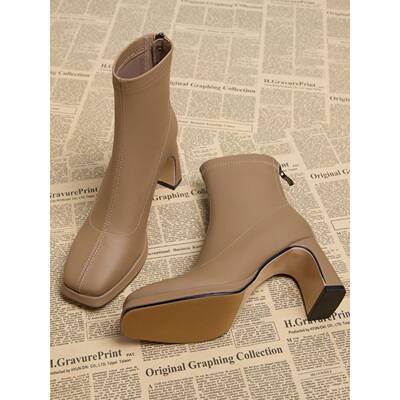 A.D Hepburn~高跟短靴女2024春秋季新款瘦瘦单靴方头马丁靴冬加绒