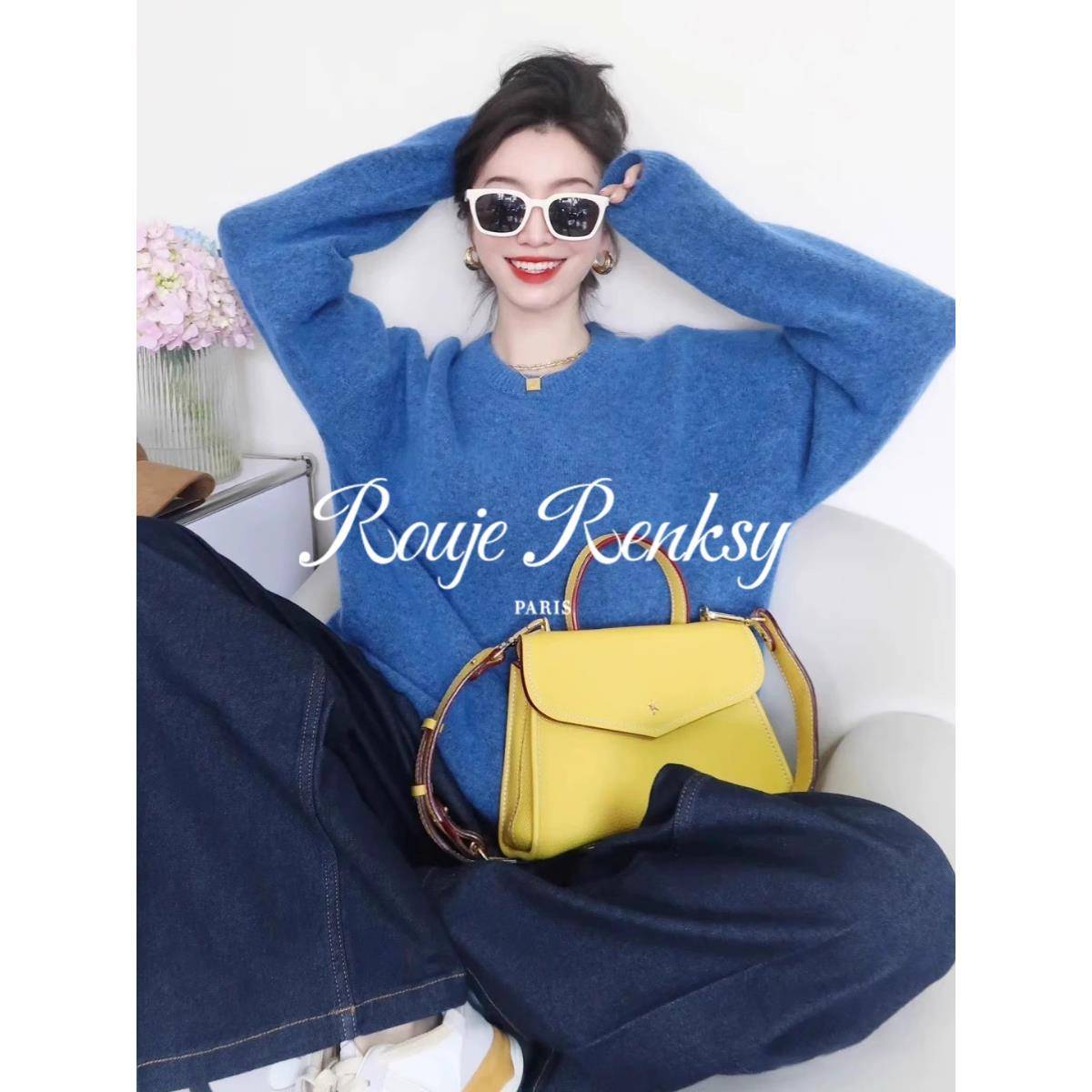 法国Rouje Renksy法式克莱因蓝马海毛毛衣女软糯温柔风针织衫春季