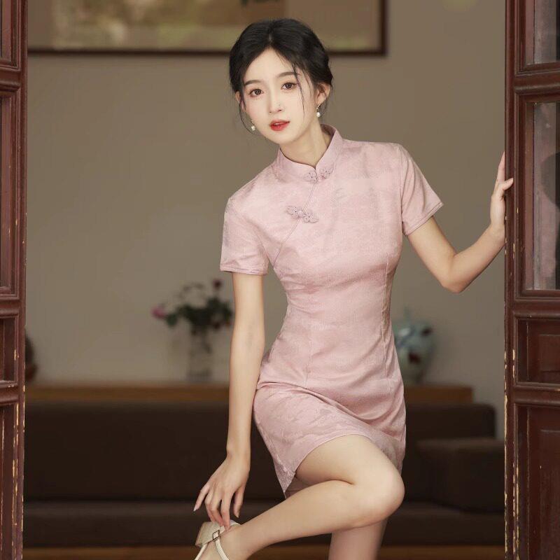 新中式粉色旗袍女夏季2026新款改良年轻款少女小个子短款文艺复古