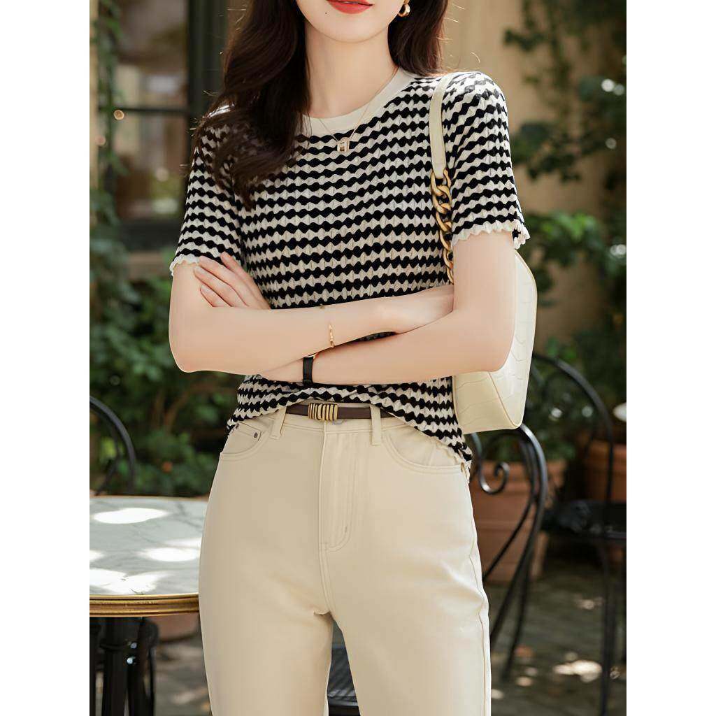 黑白格子冰丝针织短袖t恤女夏季修身显瘦时尚洋气独特超好看小衫