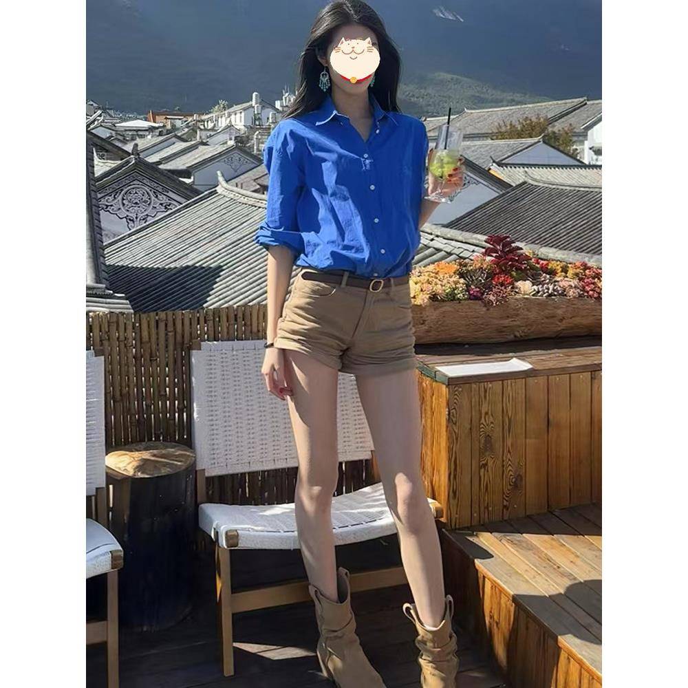 长袖衬衫女春秋2025新款时尚覆古蓝色宽松高级感别致独特休闲衬衣