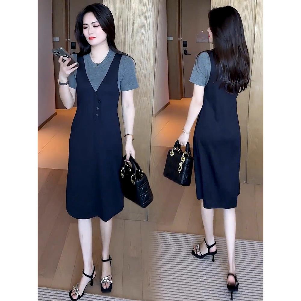 香港代购假两件时尚连衣裙女夏季新款显瘦拼接中长款休闲减龄裙子