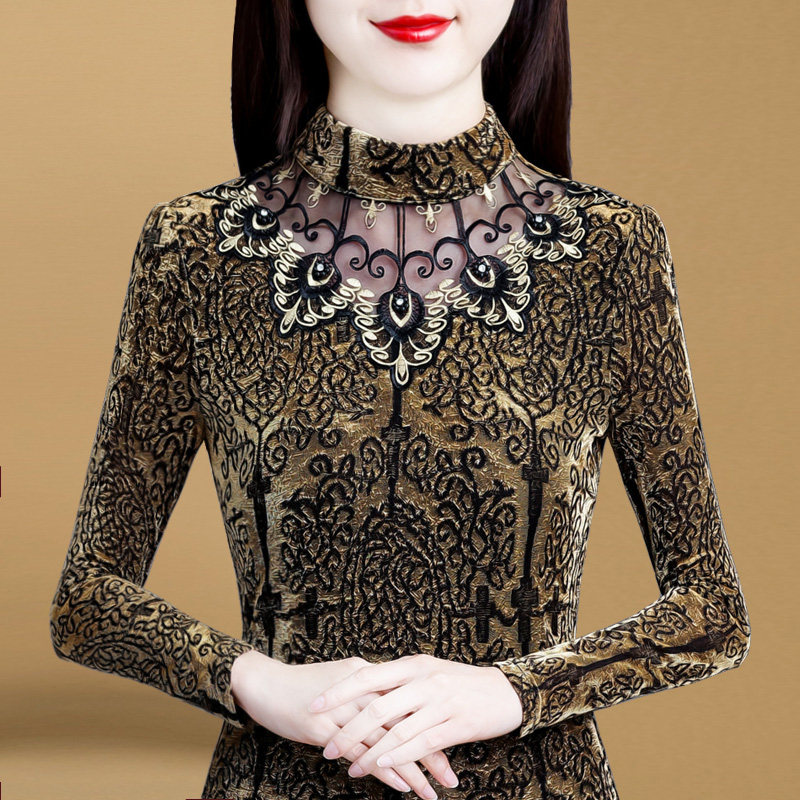 时尚洋气半高领蕾丝打底衫女长袖加绒加厚2021年冬季新款保暖上衣