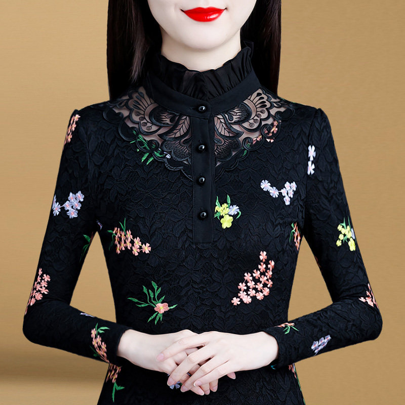 加绒加厚蕾丝打底衫女秋冬2021年新款女装半高领长袖保暖洋气小衫