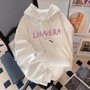 学院风白灰色连帽卫衣女生秋冬2026新款爆款初中高中学生加绒外套