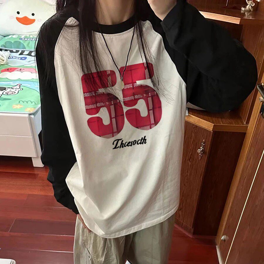 剪标外贸美式复古插肩长袖上衣春秋季纯棉拼色t恤宽松内搭打底衫