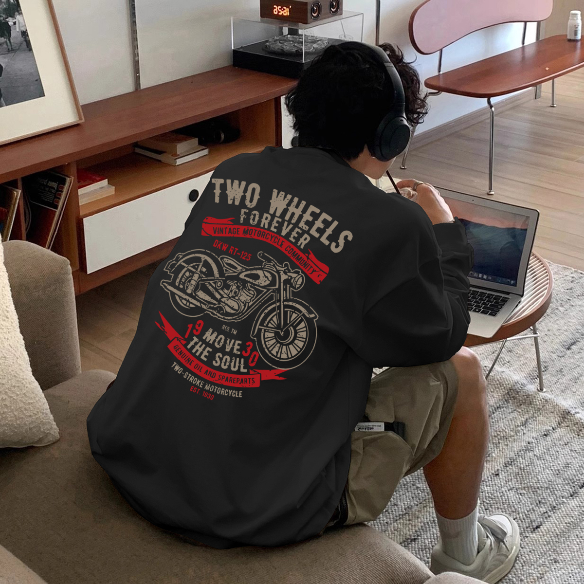 美式摩托潮男大码束口打底衫t恤纯棉个性重磅春秋款帅气圆领长袖