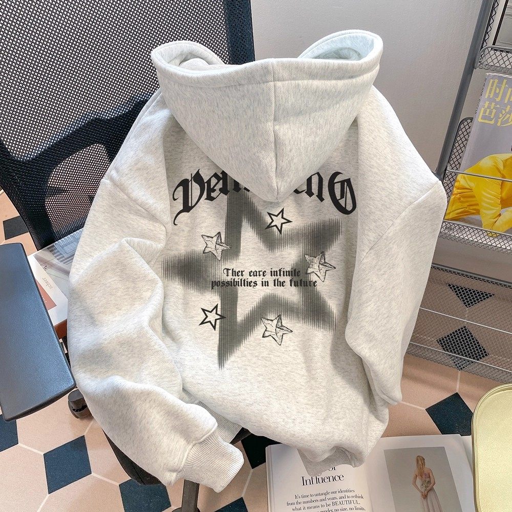 美式慵懒chic松弛感星星字母卫衣女秋冬款加绒独特超好看连帽外套,男装,大码上装,淘宝优惠券,粉丝福利购,淘宝优惠卷