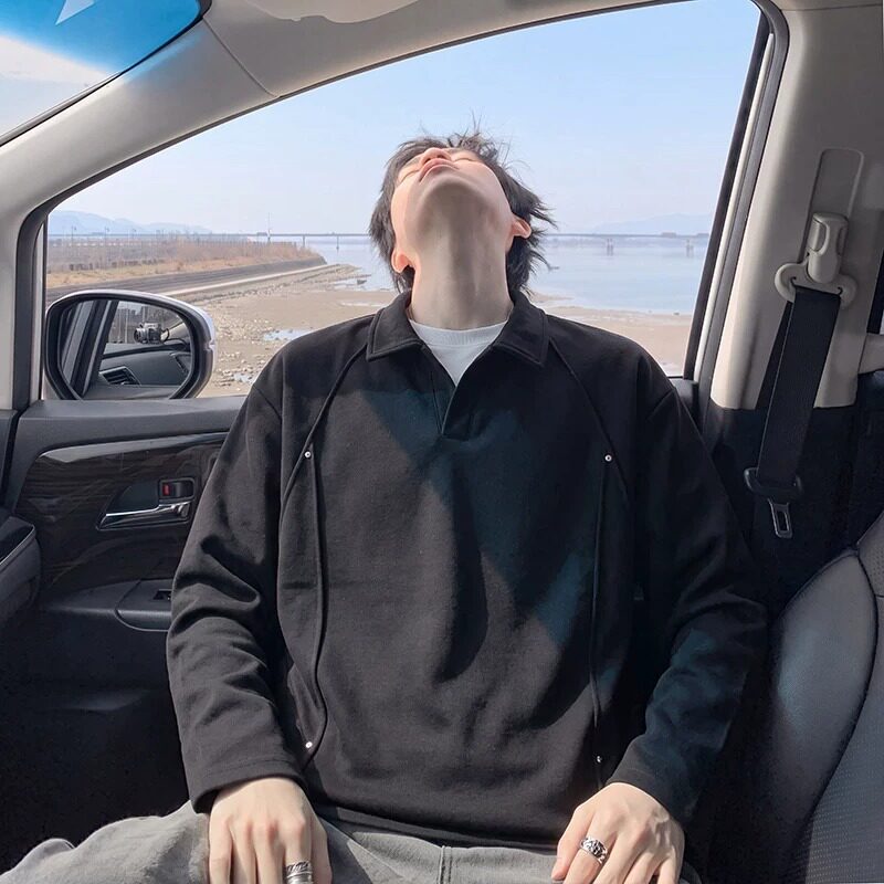 重磅360g华棉解构拼接翻领卫衣男春秋潮流宽松大码POLO衫外套男T