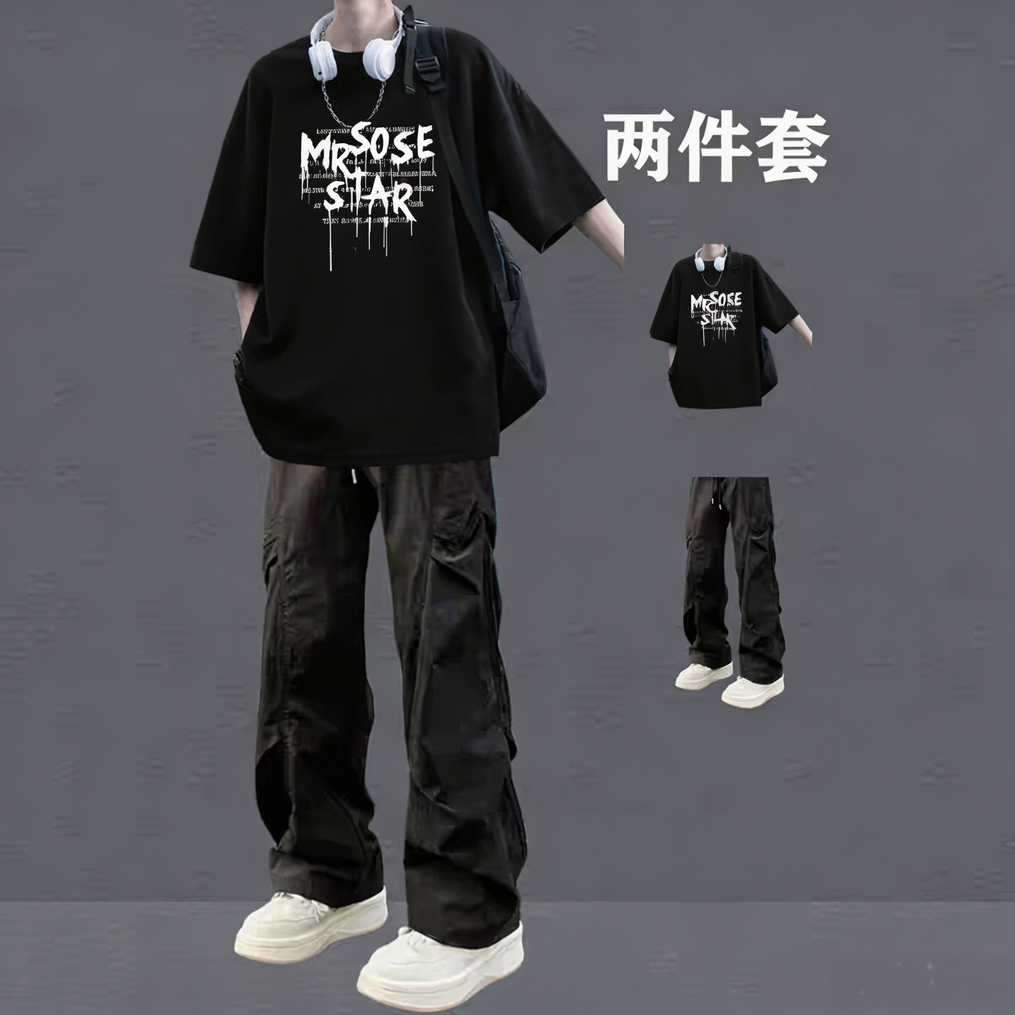 夏季套装潮牌纯棉短袖t恤男青少年潮牌搭配休闲裤痞帅气两件套