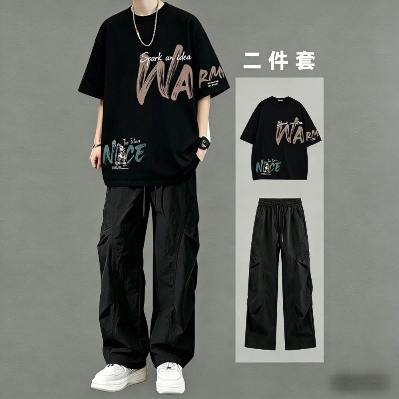 日系Cityboy风格纯色简约圆领T恤男夏季吸汗透气+宽松直筒休闲裤