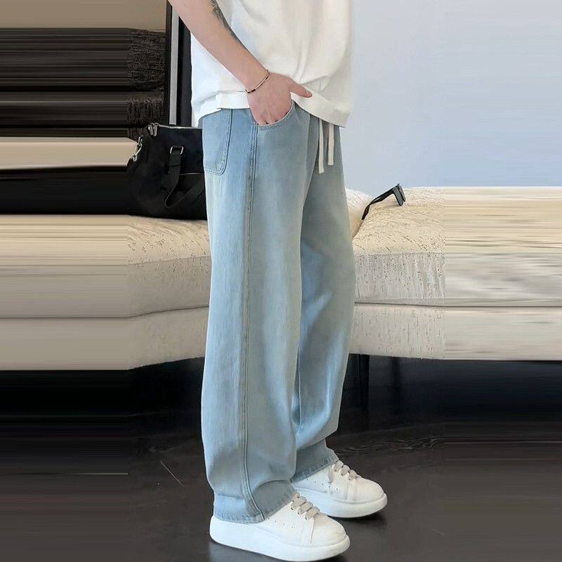 浅蓝色夏日薄款美式牛仔裤男宽松直筒松紧腰休闲裤水洗垂感裤子