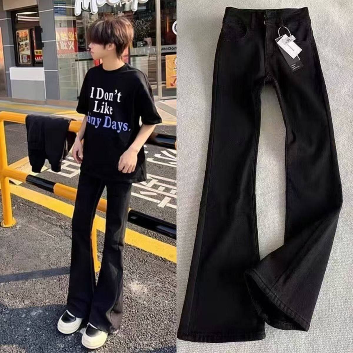 美式vibe直筒微喇裤怪兽同款黑色弯刀春秋牛仔裤男cleanfit裤子