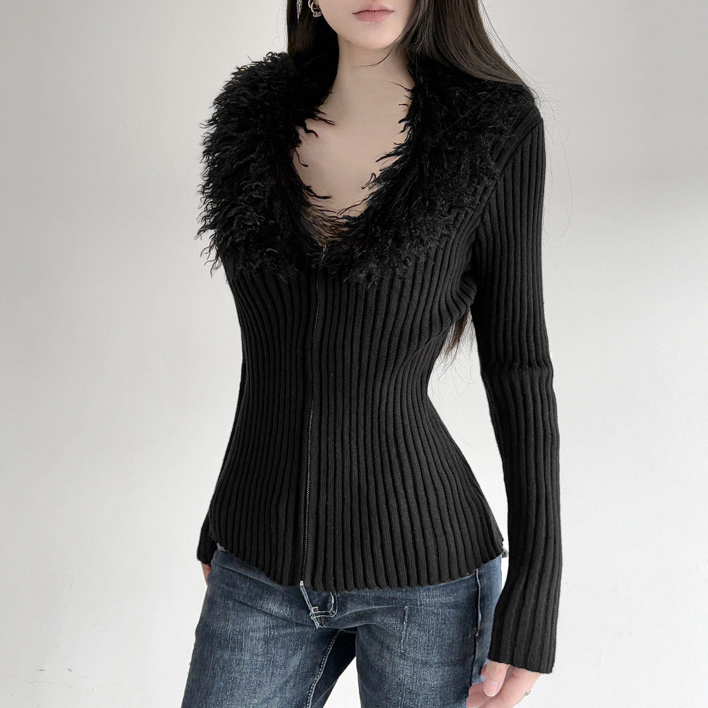 大V字毛毛领拼接显瘦毛织上衣秋冬新款气质欧美复古拉链开衫外套