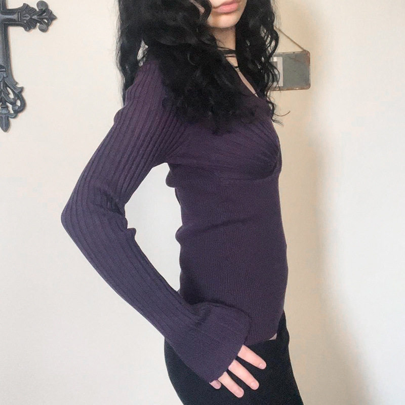 复古气质交叉深V领设计毛织上衣秋冬打底紧身收腰短款长袖针织衫