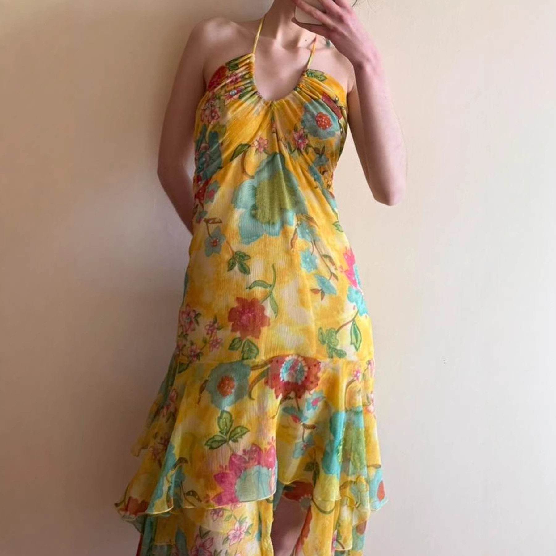 2025夏季小清新复古印花撞色网纱拼接不规则下摆抽褶挂脖连衣裙新