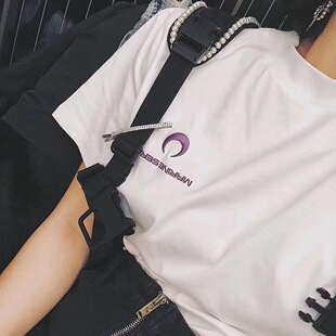 白色男女情侣装 现货 黑色绣花 Tee 棉宽松上衣 Ma22rin月亮短袖