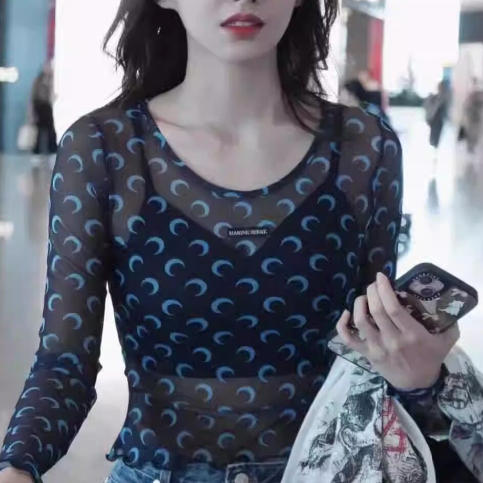 MARINE EPRINCESS打底衫 程潇同款月亮网纱T恤半透性感内搭上衣女