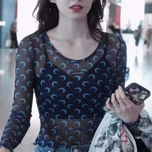 MARINE EPRINCESS打底衫 程潇同款月亮网纱T恤半透性感内搭上衣女