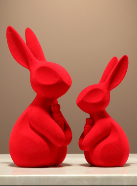 轻奢高档红色植绒兔子摆件电视柜酒柜装饰品客厅玄关结婚新年礼物