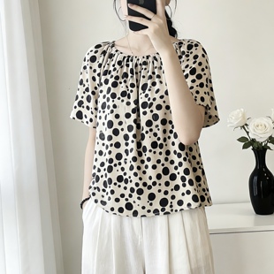 通勤波点衬衫 法式 女短袖 宽松显瘦一字领上衣夏季 大码 薄款 棉绸女装