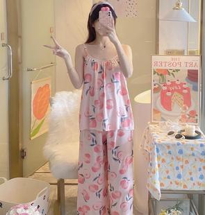 夏棉绸舒适休闲女睡衣家居服套装 性感无袖 吊带长裤