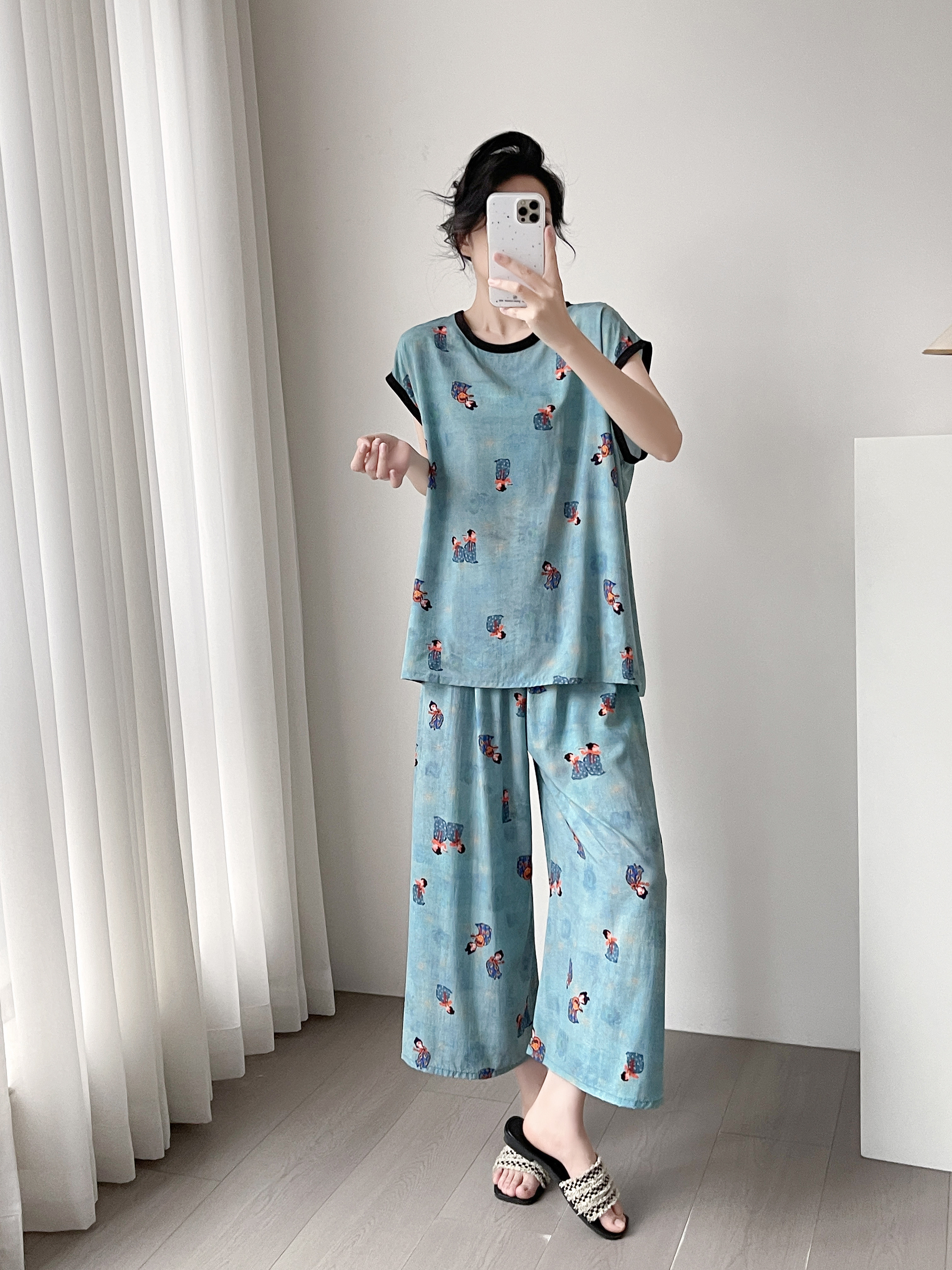 新款棉绸背心阔腿八分裤套装人造棉宽松大码家居服可外穿睡衣