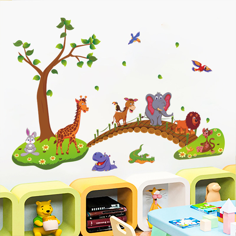 卡通墙面装饰贴画儿童房间装饰贴纸幼儿园墙面创意布置小动物过河
