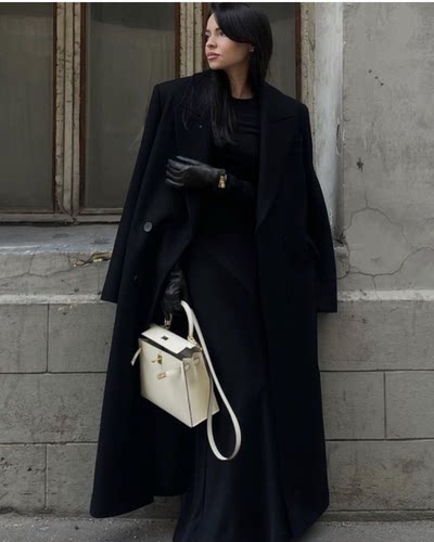 高个子170黑色毛呢大衣女加厚法式复古高级感超长款气质呢子外套