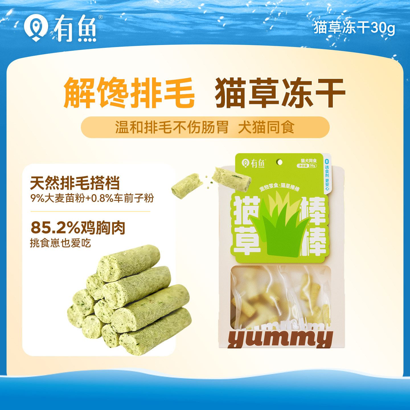有鱼猫草冻干猫草棒磨牙化毛球增肥猫零食饼干猫草粒30g