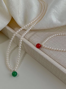 MoreSuitable红玛瑙施家品质珍珠项链轻奢百搭绿玛瑙锁骨链女颈链