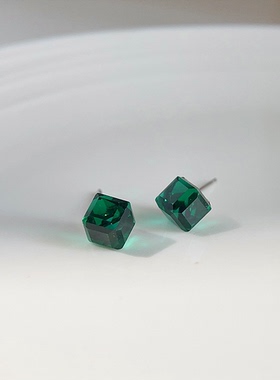 MoreSuitable四方玻璃水晶s925银针耳钉小众简约时尚几何气质耳饰