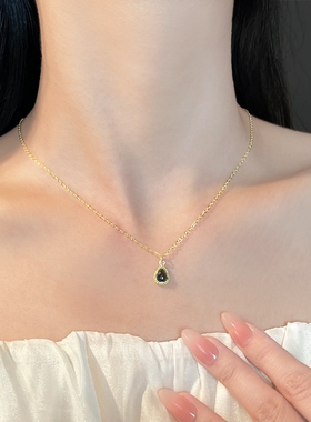 MoreSuitable厚镀18K真金强保色天然石虎眼石水滴项链中古风锁骨