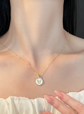 MoreSuitable贝壳厚镀18k真金强保色锆石蝴蝶锁骨链时尚轻奢项链