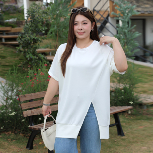 设计感斜开叉空气层T恤女纯色基础款 胖mm宽松显瘦上衣 200斤大码