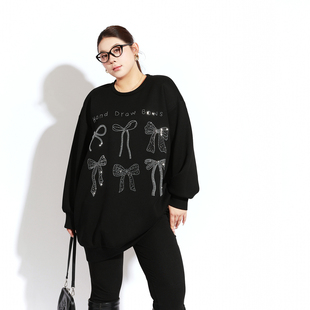 遮屁股上衣 加肥加大胖mm宽松长款 烫钻蝴蝶结大码 卫衣女200斤冬季