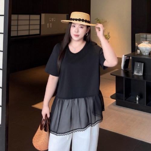 大码女装纱摆不规则T恤宽松百搭