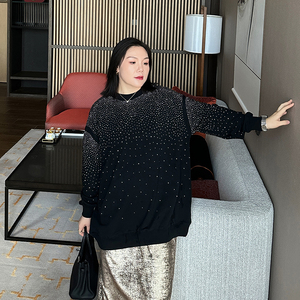 重工烫钻卫衣大码女装200斤棉质秋冬款胖妹妹mm宽松套头上衣潮酷