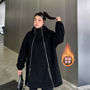 加绒加厚大码卫衣女2023冬季新款200斤胖妹妹mm宽松高领拉链外套