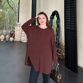 开叉T恤女秋装 新款 200斤加肥加大码 心存真大版 胖mm宽松长袖 上衣