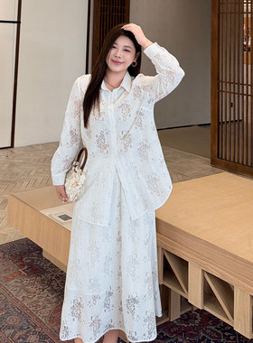 大码女装镂空衬衫半身裙套装显瘦