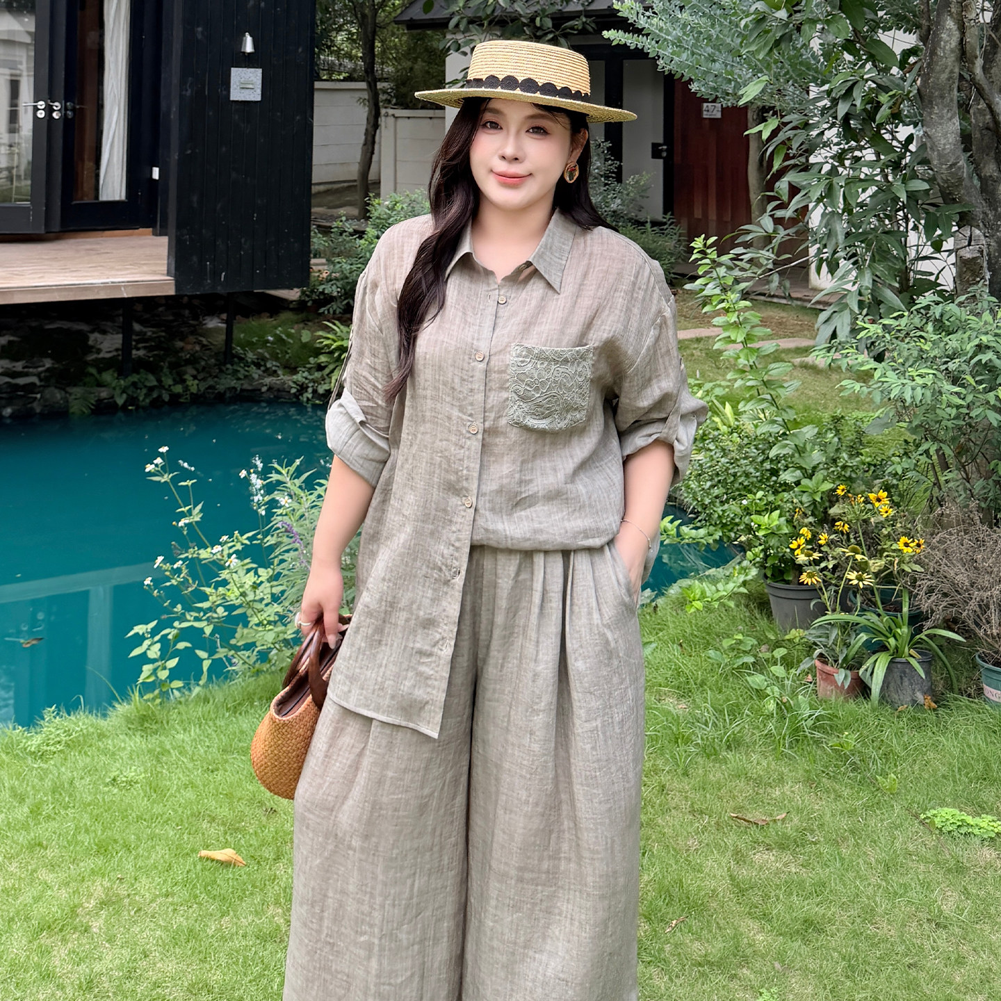 高端苎麻天丝大码衬衫夏季套装女2026新款胖mm宽松裤裙棉麻两件套