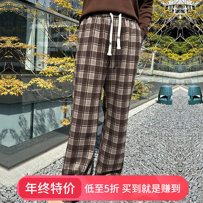 美式慵懒风磨毛格子休闲裤女高腰胖mm大码宽松梨形显瘦直筒阔腿裤,女装/女士精品,大码裤装,淘宝优惠券,粉丝福利购,淘宝优惠卷