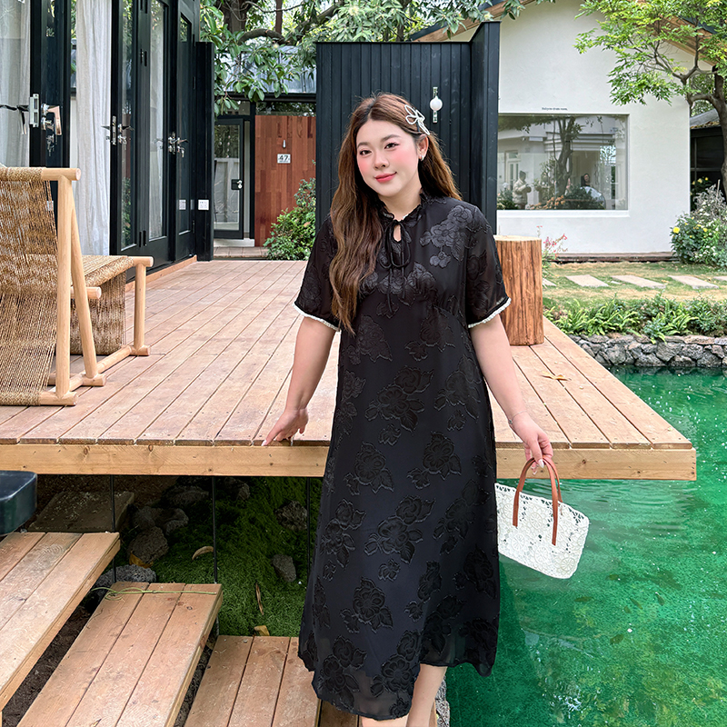 心存真大码女装2025夏新款新中式提花复古显瘦胖mm国风气质连衣裙