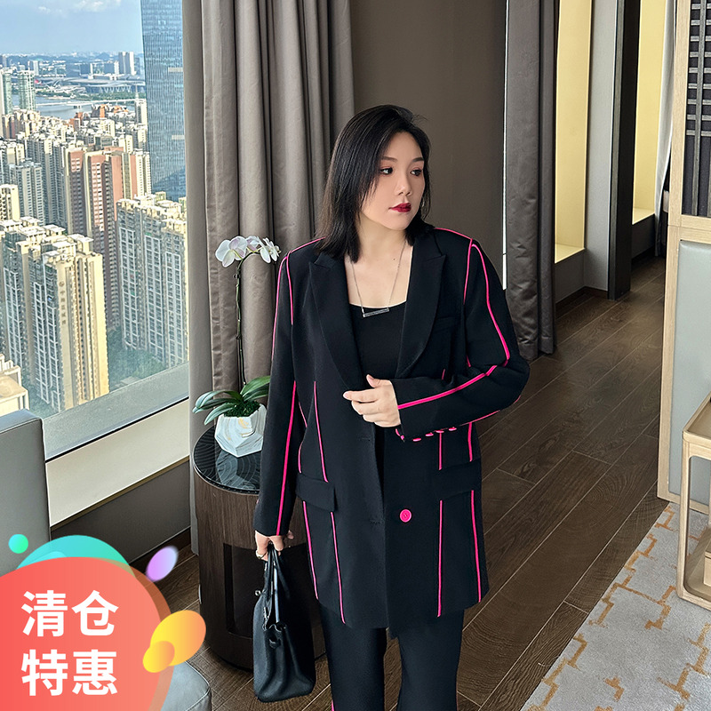 定制大码女装正肩中长款西装外套+阔腿西裤200斤胖mm宽松两件套装